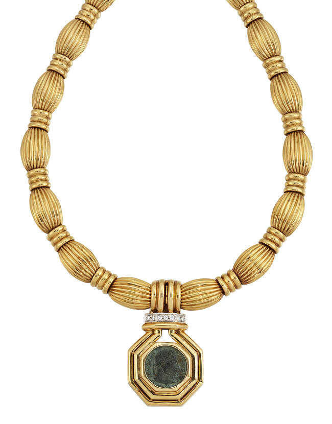 
	
		An Italian necklace with coin pendant, the necklace composed of fluted pod-shaped links...
