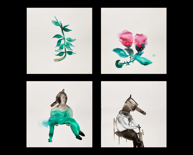 Nadia Ayari (Tunisian b. 1981-), 
Four watercolours depicting a plant; two flowers; a seated...