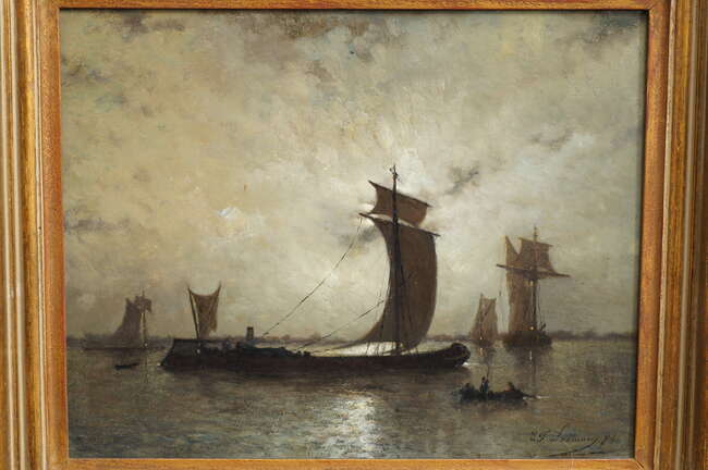 
	
		Egide François Leemans, 
		Belgian 1839-1883- 
		 
		Shipping scene in a moonlit...
