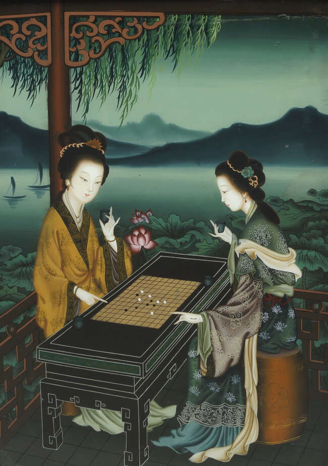 
	
		A Chinese reverse painting on glass, 20th century, depicting two ladies playing wei qi,...