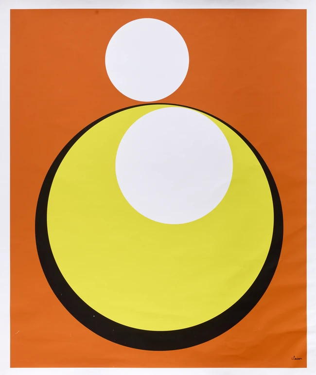 Genevieve Claisse, French 1935-2018, Cercle jaune sur fond orange; screenprint on linen...