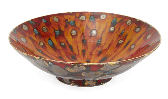 
	
		Janice Tchalenko, b. 1942, a thrown high-fired reduction earthenware bowl, 2004, painted...