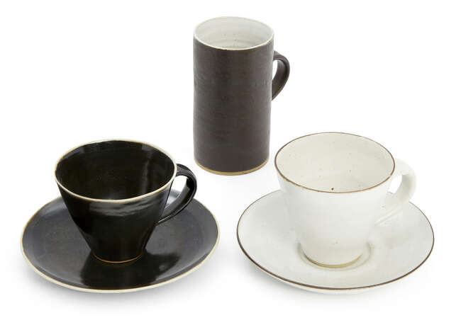 
	
		Dame Lucie Rie (1902-95), a stoneware cup and saucer 
		c.1960, impressed seal to base...