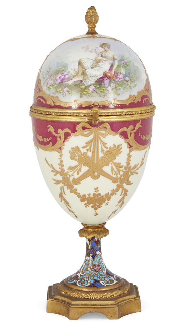 
	
		A French gilt-bronze mounted Paris porcelain egg-form box and cover, late 19th century,...
