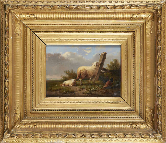 Eugène Joseph Verboeckhoven, 
 
Belgian 1798-1881- 
 
Sheep by a gate; 
 
oil on panel,...