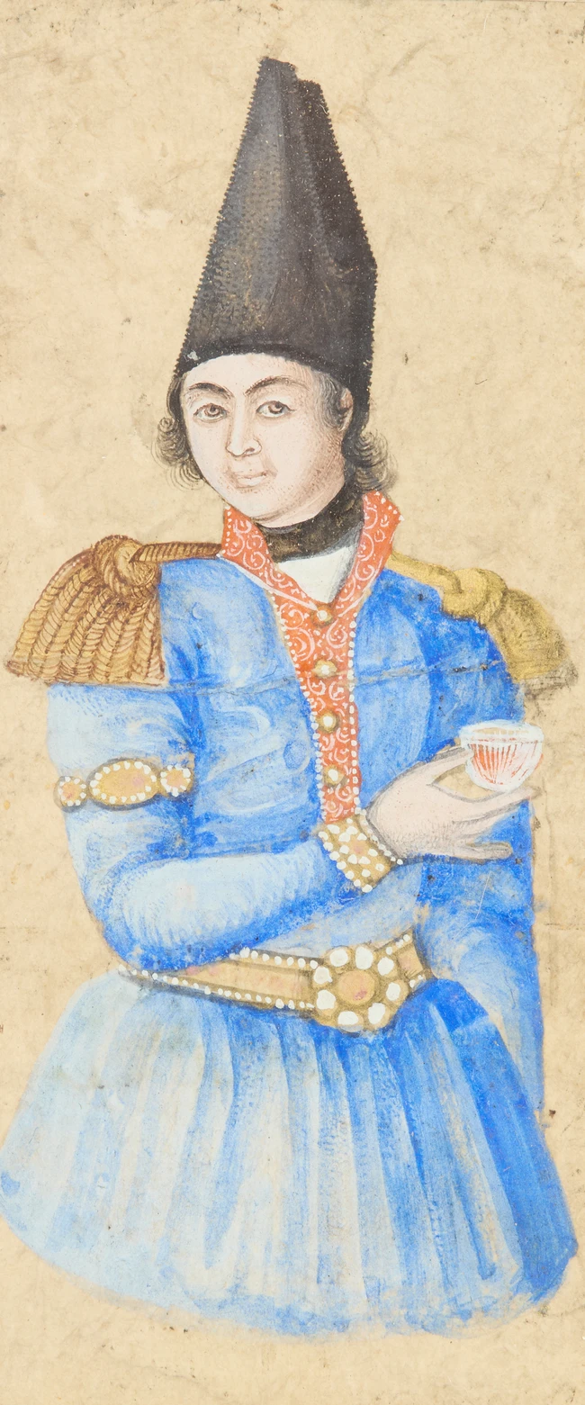 A three quarter portrait of a Qajar prince, Qajar Iran, 19th century, 
Transparent pigments...