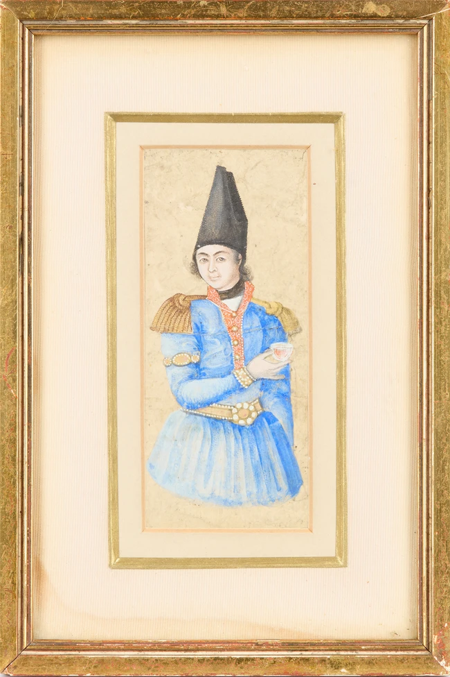 A three quarter portrait of a Qajar prince, Qajar Iran, 19th century, 
Transparent pigments...