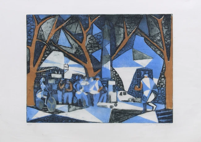 Julian Trevelyan RA, British 1910-1988, Boule Players, 1961; etching with aquatint in colours on...