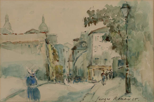 Georges Dominique Rouault,
French 1904-2002-
Street scene;
watercolour and pencil on paper,...