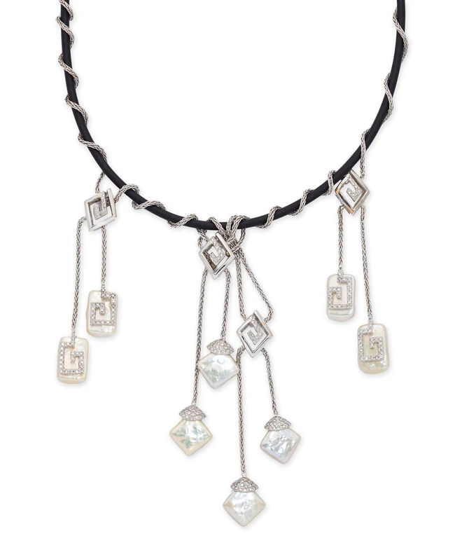 A freshwater cultured pearl and diamond necklace, designed as a rubber cord with wrapped...