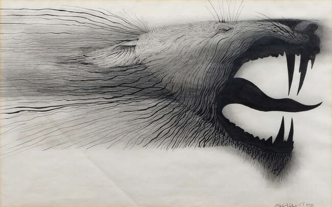 
	
		Charles Keeping, 
		British 1924-1988- 
		 
		Head of the flayed skin of the Lion of...