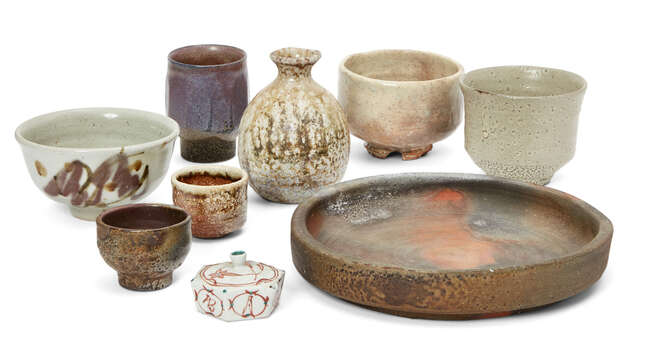 
	
		A group of nine Japanese studio pottery works, 20th century, to include a Bizen ware...