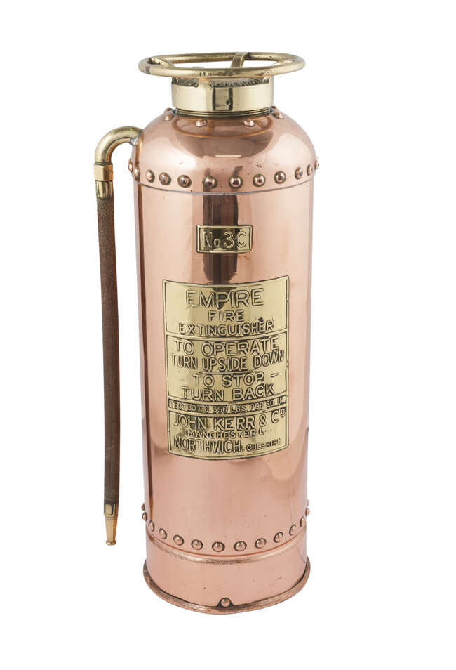 
	
		An Empire copper and brass fire extinguisher, 20th century, No. 3C, made by John Kerr and...