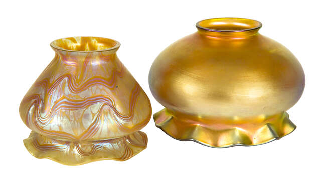 
	
		Bohemian, an iridescent glass shade in the style of Loetz 
		c.1900
		Having a frilled...