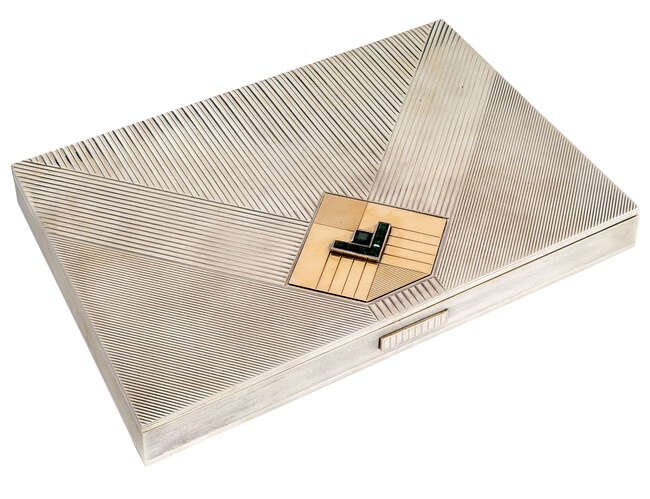 A French silver Art Deco vanity case, of rectangular form, the striated lid set with green paste...
