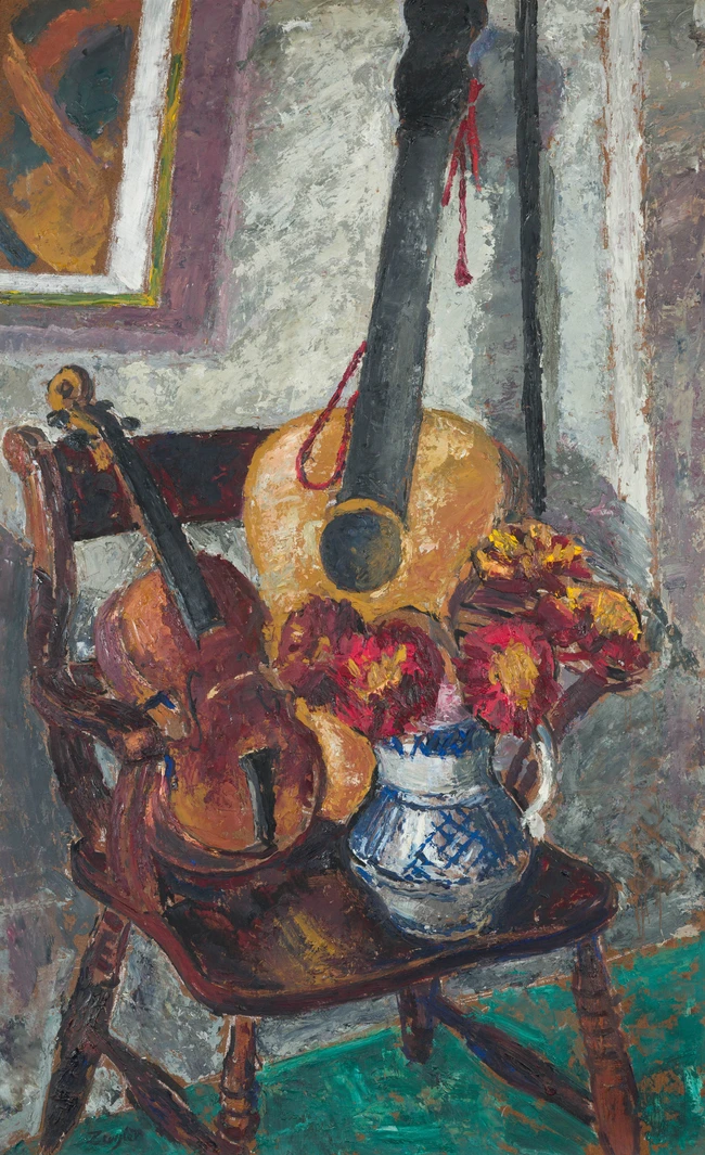 Archibald Ziegler, British 1903-1971 - Still life with a guitar and violin; oil on board,...