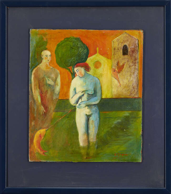 
	
		Emma Turpin, 
		British b.1964 - 
		 
		Catching Fish, 1990; 
		 
		oil on board,...