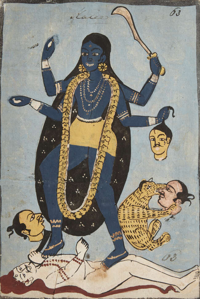 
	
		Kali trampling Shiva,  Kalighat, Bengal, 19th century, watercolour on paper, the fearsome...