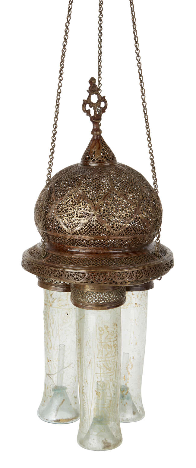 
	
		A Mamluk Revival brass hanging lantern, Turkey or Syria, 19th century, with bulbous...
