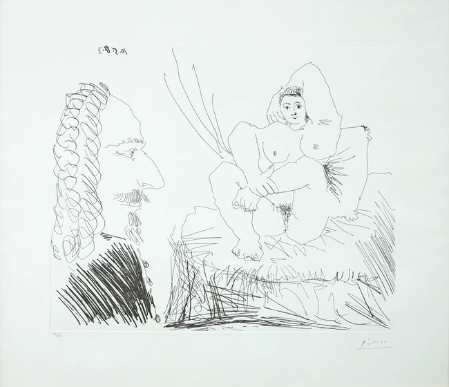 Pablo Picasso, Spanish 1881-1973, Female nude with artist, 1968; etching on wove, signed in...