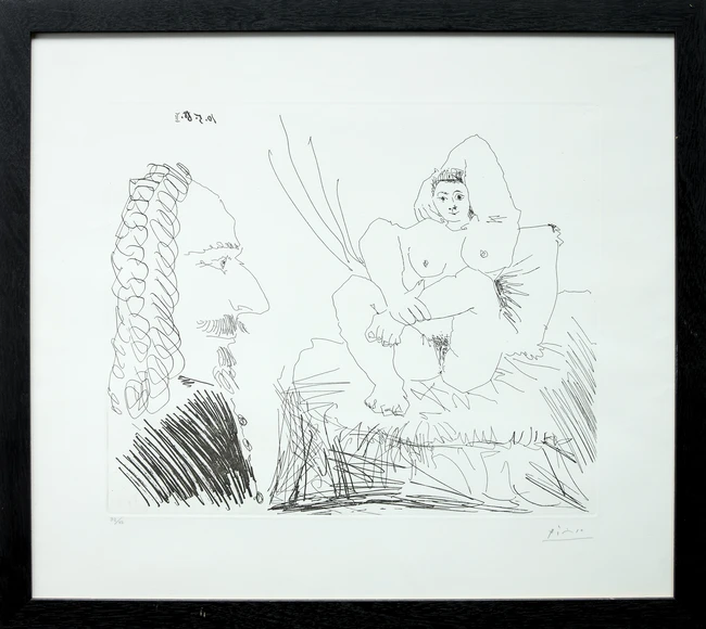 Pablo Picasso, Spanish 1881-1973, Female nude with artist, 1968; etching on wove, signed in...
