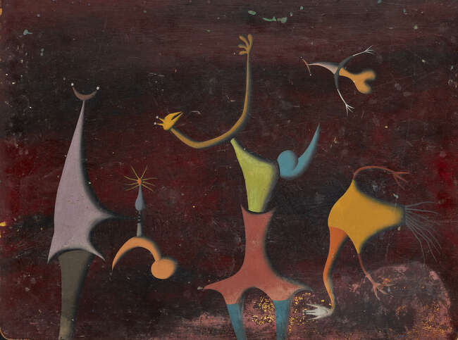 
	
		Desmond Morris, 
		British b.1928 - 
		 
		The Ritual, 1949; 
		 
		oil on board,...