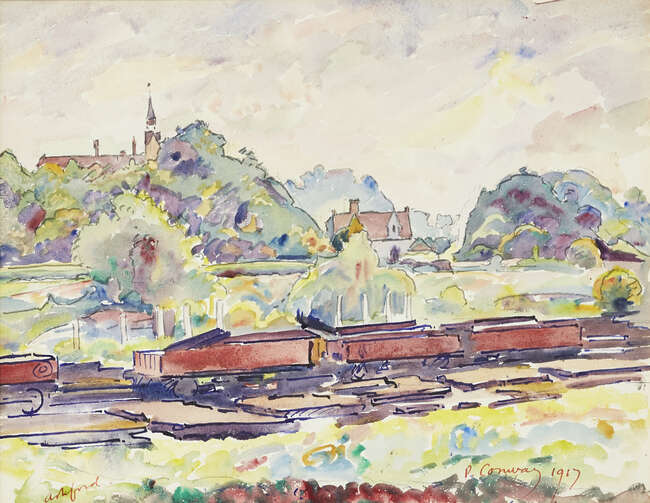 
	
		James Brown,
		British 1863-1943-
		 
		Sidings at Ashford;
		 
		watercolour,...