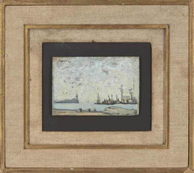 
	
		Auguste Jean Gaudin, 
		French 1914-1992-
		 
		Shipping in a harbour;  
		 
		oil...