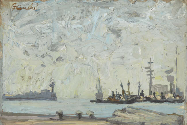 
	
		Auguste Jean Gaudin, 
		French 1914-1992-
		 
		Shipping in a harbour;  
		 
		oil...