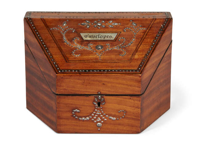 
	
		A French satinwood and cut-steel slope-front lidded &#39;Envelopes&#39; box, 19th century,...