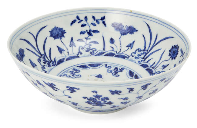 
	
		A Chinese porcelain &#39;lotus pond&#39; bowl for the Tibetan market, Lança symbol mark to base,...