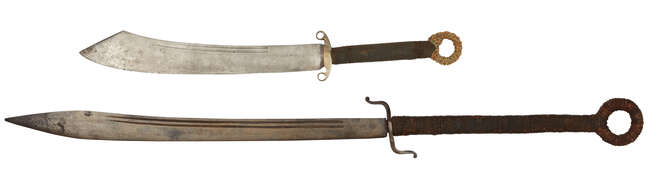 
	
		Two Chinese double-handed swords, 19th century and WWII period, 134cm and 82cm long...
