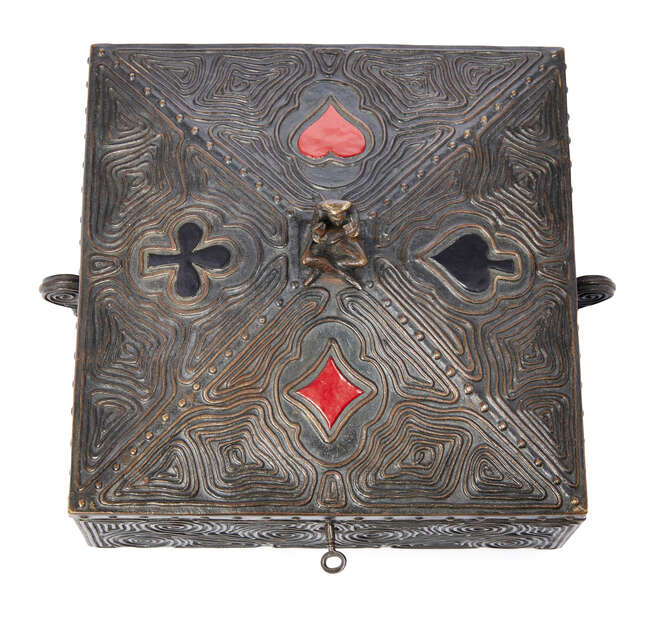 
	
		A cold-painted bronze card box, possibly American
		First quarter 20th Century
		Bronze...