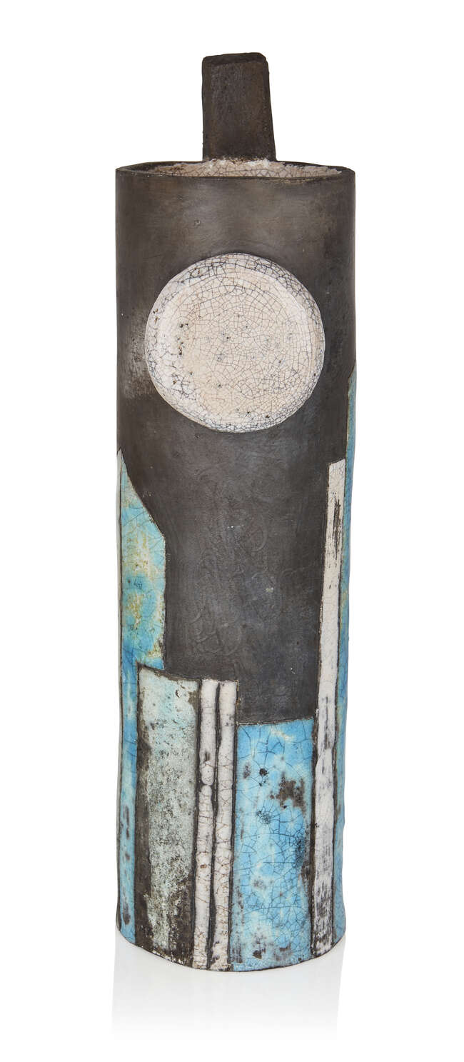 
	
		Designer unknown, 
		 
		Studio pottery tall cylindrical vessel with applied disc,...