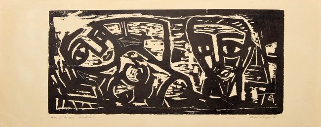 Narayan Badri (Indian 1929-2013), 
Three woodcuts on card;
Homage to Birth; Untitled, man and...
