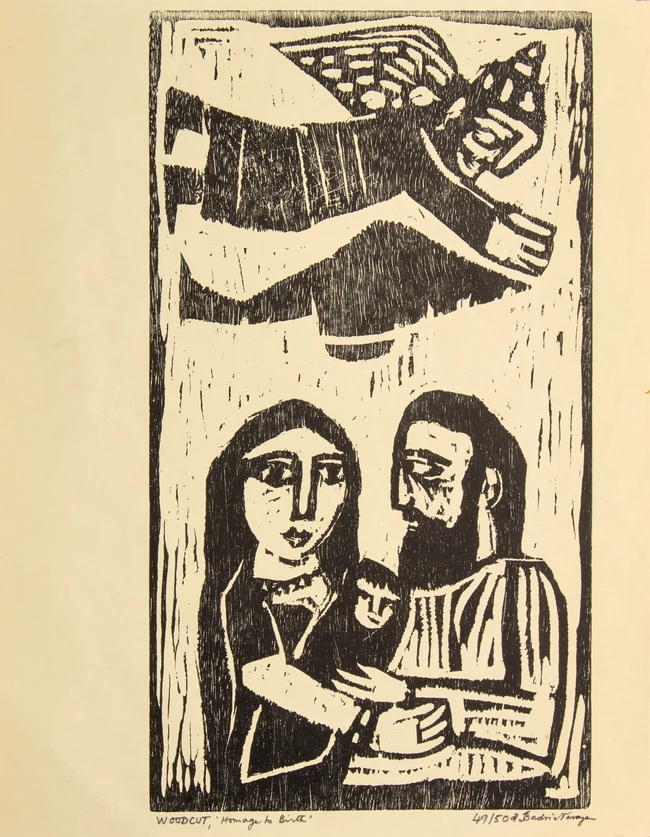 Narayan Badri (Indian 1929-2013), 
Three woodcuts on card;
Homage to Birth; Untitled, man and...