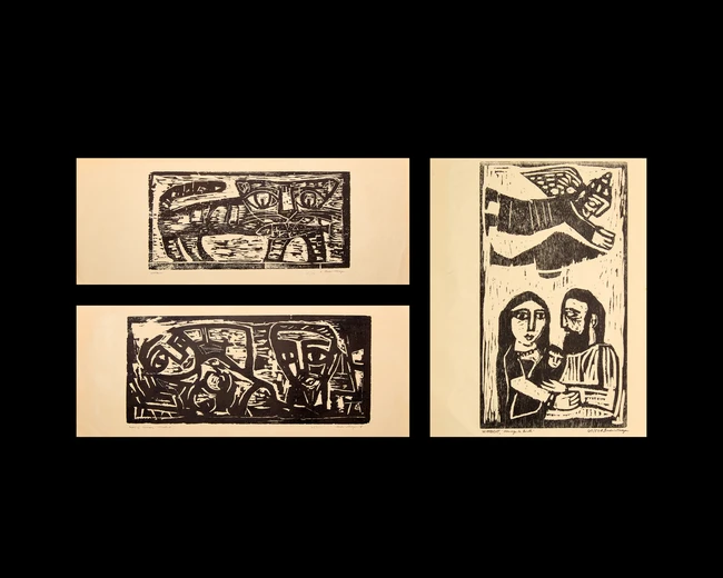 Narayan Badri (Indian 1929-2013), 
Three woodcuts on card;
Homage to Birth; Untitled, man and...