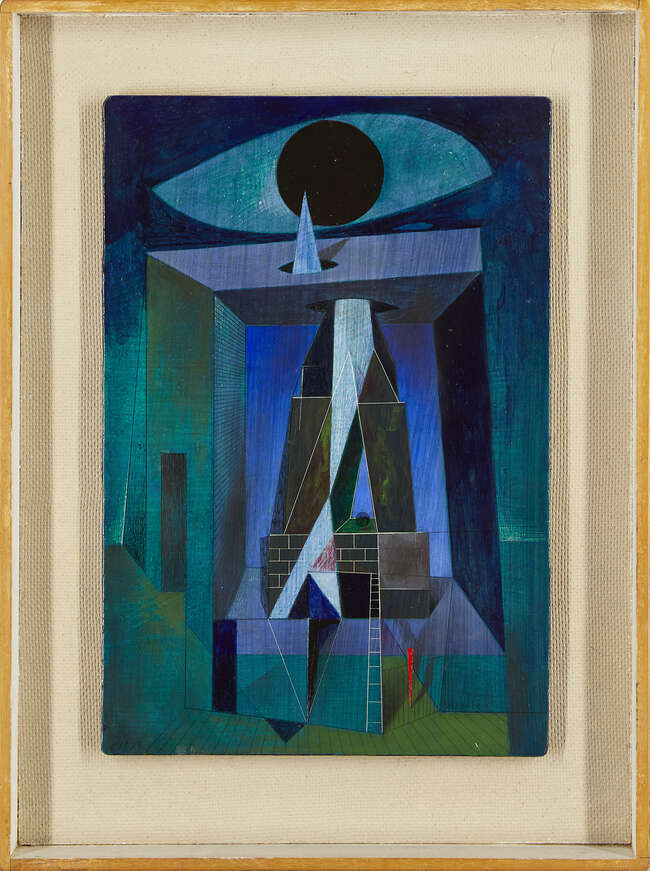 
	
		Clarke Hutton, 
		British 1898-1985- 
		 
		Obelisk II, 1975; 
		 
		oil on panel,...