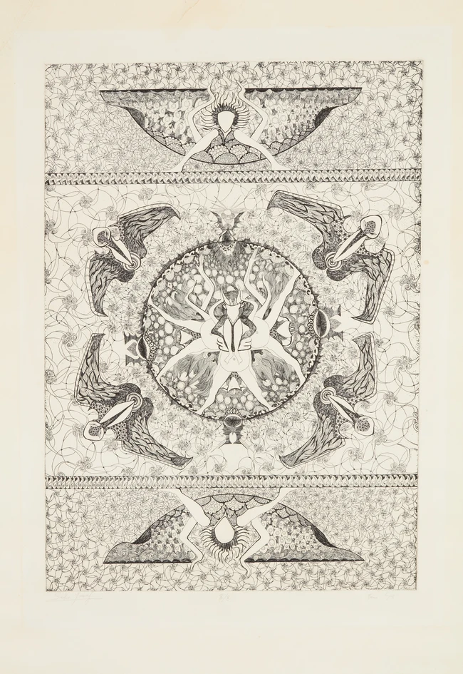 Suha Sharif Yusuf (Iraqi b. 1955-),Untitled, 1972;
Etching on paper, black ink,  signed and dated...