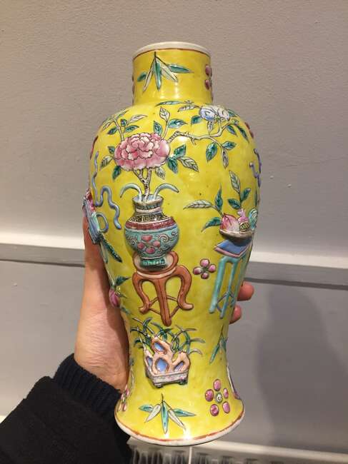 
	
		A Chinese porcelain &#39;precious objects&#39; baluster vase, early 20th century, painted in...