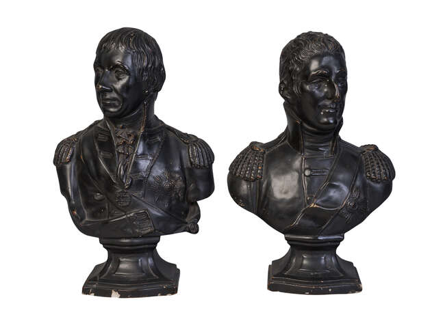 
	
		A pair of Regency ebonised plaster busts of Lord Wellington and Admiral Nelson by Robert...