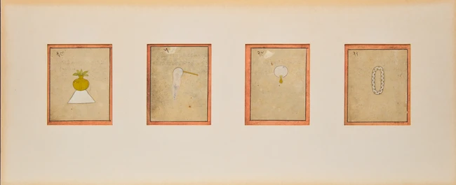 Four vignettes depicting offerings to a deity : a water vase (lota), a fly whisk (chawri or...