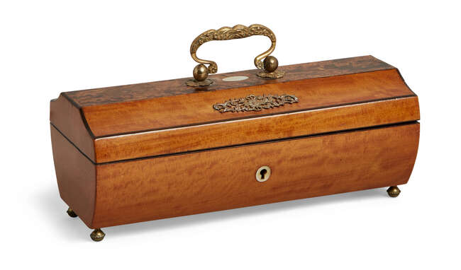 
	
		A French satinwood sarcophagus sewing necessaire, 19th century, the lid with gilt metal...