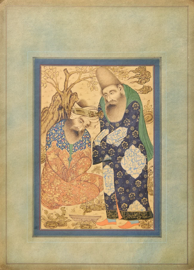 Two detached album folios : A seated portrait of a ruler and two learned men in a garden, 20th...