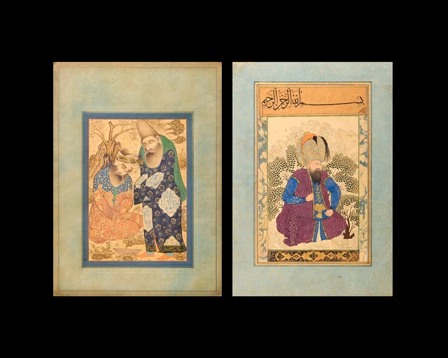 Two detached album folios : A seated portrait of a ruler and two learned men in a garden, 20th...