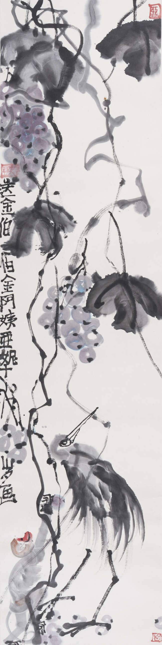 
	
		WANG YANI (b.1975), ink and colour on paper, hanging scroll, monkeys amid grapes and...