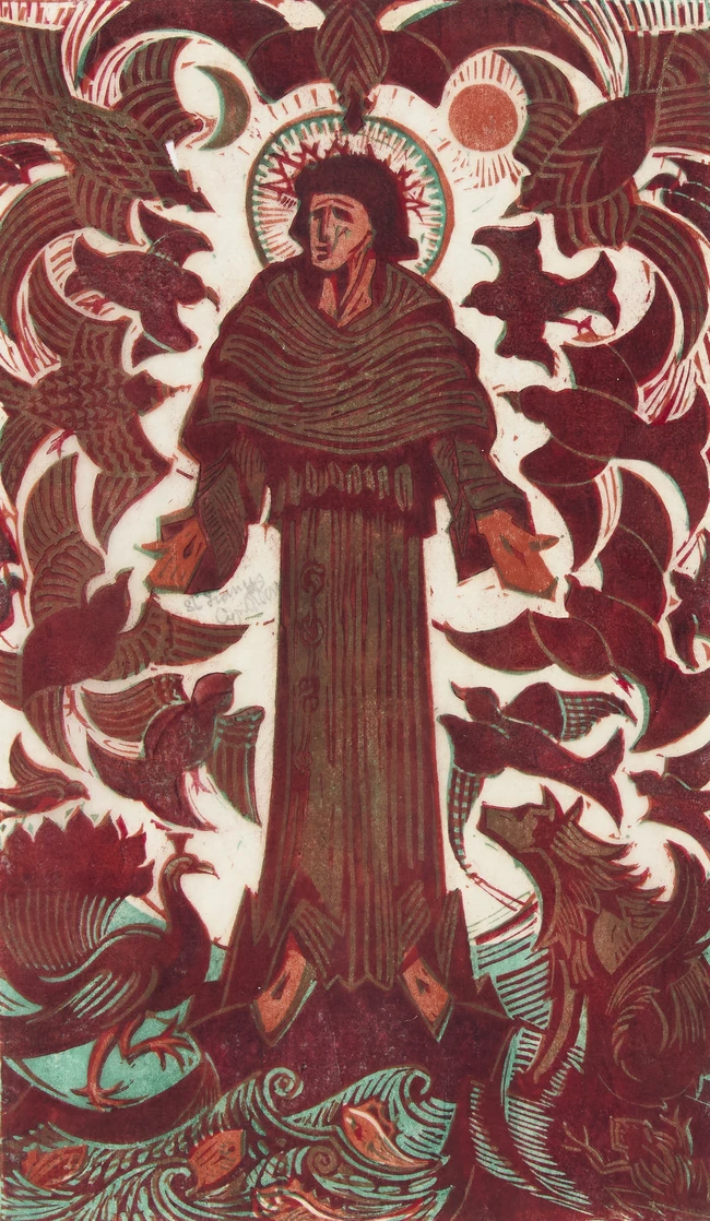 Cyril Edward Power, British 1872-1951, St. Francis, c.1937; linocut in colours on buff oriental...