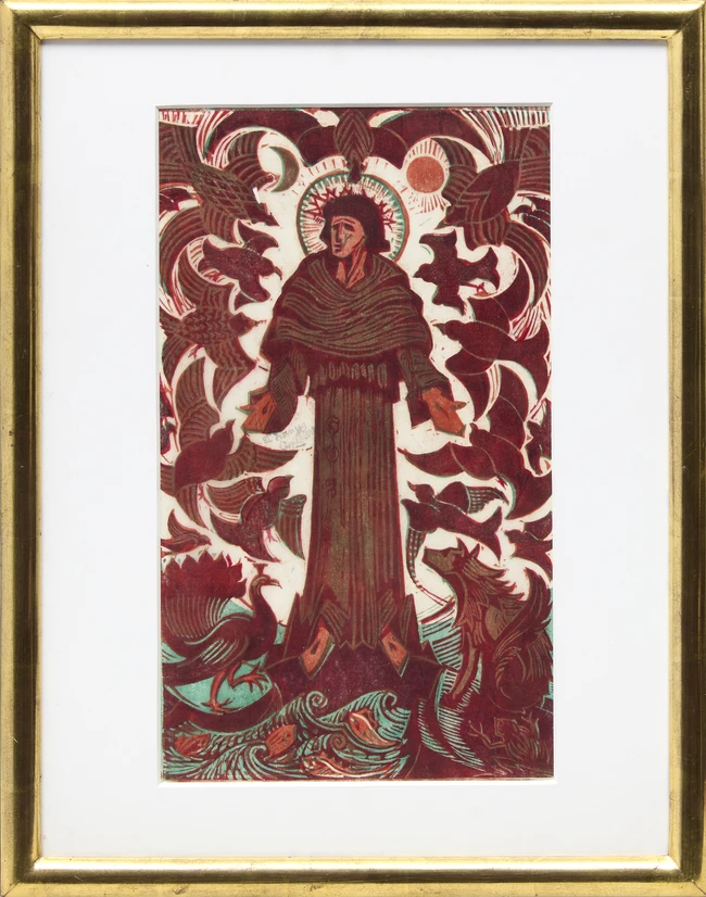 Cyril Edward Power, British 1872-1951, St. Francis, c.1937; linocut in colours on buff oriental...