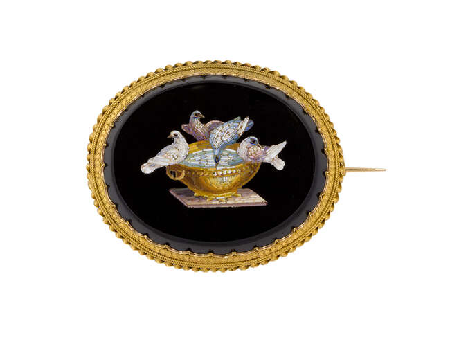 
	
		A 19th century Italian mosaic brooch, depicting the Doves of Pliny, the gold oval mount...
