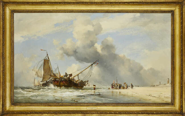 
	
		Edward William Cooke RA, 
		 
		British 1811-1880- 
		 
		Fishermen landing their...